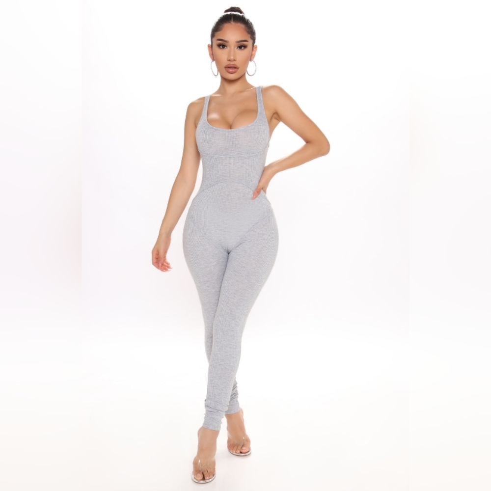 Sticking Around Ribbed Jumpsuit - Heather Grey (Larg)e